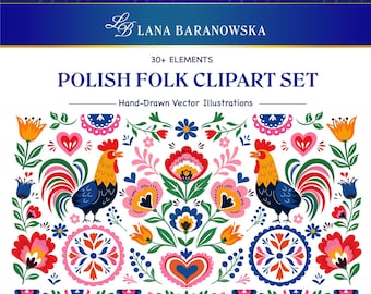 Set met Poolse volkskunstclipart, handgetekende volksbloemen, haan in volkskunststijl, Slavische bloemenclipart, SVG PNG EPS, printbare scrapbookelementen