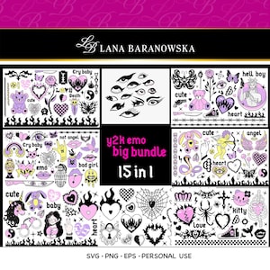 May include: A collection of Y2K emo-themed graphics in black, white, and pastel pink. The designs include hearts, eyes, flames, and text like "Cry baby" and "Love". The bundle is labeled "y2k emo big bundle 15 in 1".