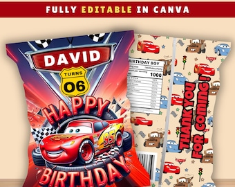 Etichetta per sacchetto di patatine per festa di compleanno a tema auto / Decorazione stampabile per sacchetto snack con Saetta McQueen / Modello Canva per etichetta sacchetto di patatine
