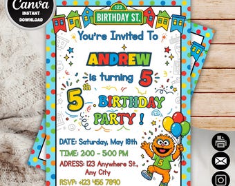 Invito di compleanno di Sesame Street / Invito per festa di compleanno per bambini a tema cartoni animati / Modello modificabile su Canva / Invito digitale stampabile