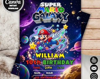 Invito di compleanno a tema Super Mario Galaxy / Invito per festa a tema spazio galattico / Biglietto per festa di giochi per ragazzi / Download immediato / Modello Canva modificabile