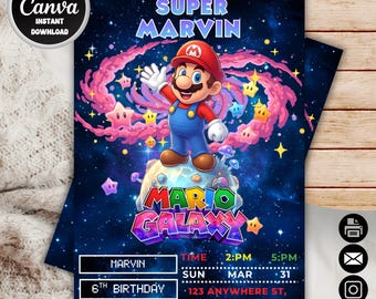 Invito di compleanno a tema Super Mario Galaxy Kart / Invito per festa di corse spaziali / Compleanno a tema videogiochi per ragazzi / Modello Canva modificabile
