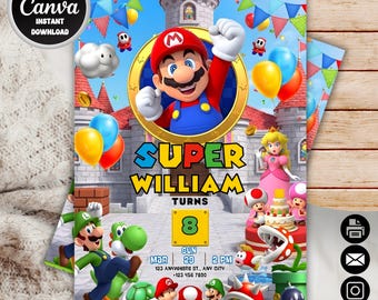 Invito di compleanno di Super Mario / Invito modificabile per la festa di compleanno di Mario / Modello digitale personalizzato Canva
