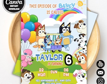 Invito di compleanno a tema Bluey Bingo / Modello Canva modificabile (Download digitale)