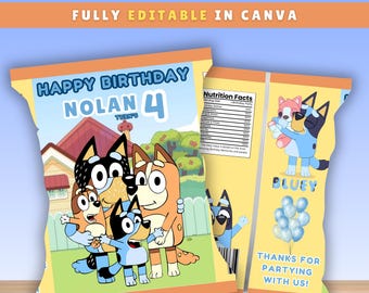 Etichetta per sacchetto di patatine per compleanno con cucciolo blu, decorazione per festa a tema cane blu in stile cartone animato modificabile, modello Canva per etichetta sacchetto di patatine