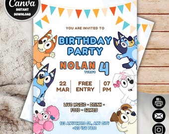Invito di compleanno di Bluey e Bingo / Invito per la festa di compleanno di Bluey / Invito di compleanno di Bing modificabile / Modello Canva modificabile