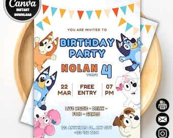 Invito di compleanno di Bluey e Bingo / Invito per la festa di compleanno di Bluey / Invito di compleanno di Bing modificabile / Modello Canva modificabile