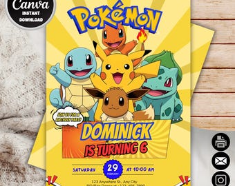 Invito di compleanno Pokémon modificabile / Invito di compleanno digitale Pikachu / Modello stampabile per festa Pokémon / Download immediato / Modello Canva
