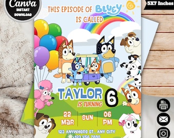 Invito di compleanno a tema Bluey Bingo / Modello Canva modificabile (Download digitale)