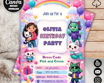 Invito di compleanno modificabile a tema Gabby's Dollhouse / Inviti per feste per bambini a tema Gabby / Modello Canva stampabile / Biglietto di compleanno per bambini / Download digitale