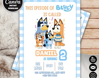 Invito di compleanno a tema Bluey / Invito per festa di bingo, simpatico episodio per bambini, divertente e facile - Download digitale modificabile da Canva