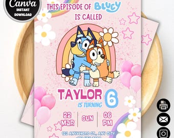 Invito di compleanno di Bluey e Bingo / Invito per la festa di compleanno di Bluey / Invito di compleanno di Bing modificabile / Modello Canva modificabile