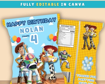 Etichetta per sacchetto di patatine per festa di compleanno a tema Toy Story / Decorazione stampabile per sacchetto snack a tema Toy Story / Modello Canva per etichetta sacchetto di patatine