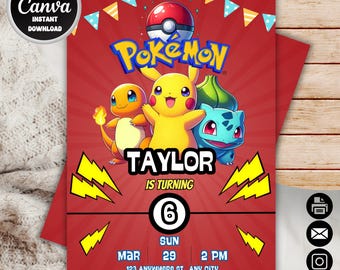 Invito di compleanno Pokémon modificabile / Invito per festa di compleanno Pokémon / Invito per festa di compleanno per bambini / Modello di invito digitale per festa di compleanno