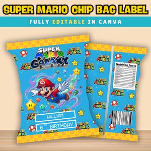 May include: A Super Mario Galaxy themed chip bag label featuring a blue background with Mario, stars, and mushrooms. The front displays the text William and 6th Birthday, while the back includes a nutrition facts label and a barcode.