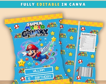Super Mario Galaxy Birthday Chip bag Label, Editable Cartoon Mario Theme Party Decoration, Chip Bag Label Canva Template