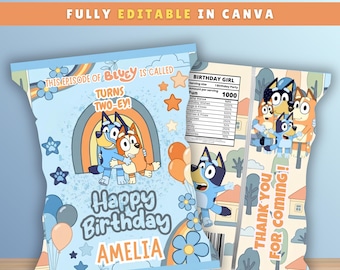 Blue Puppy Birthday Chip bag Label, Editable Cartoon Blue Dog Theme Party Decoration, Chip Bag Label Canva Template
