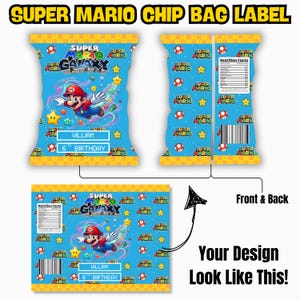 May include: A Super Mario Galaxy themed chip bag label featuring a blue background with Mario, stars, and mushrooms. The design includes text boxes for a name and age, a nutrition facts panel, and a barcode, with yellow patterned borders.