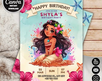 Modello di invito di compleanno di Moana / Modello di invito di Moana / Modificabile in Canva (Download digitale)