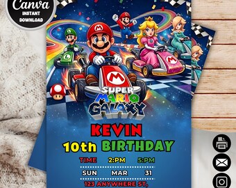Super Mario Galaxy Kart Birthday Invitation | Space Racing Party Invite | Boys Gaming Birthday | Editable Canva Template