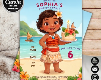 Modello di invito di Moana, modificabile in Canva (download digitale)