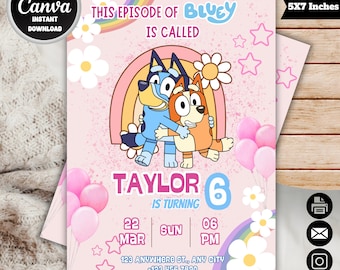 Invito di compleanno di Bluey e Bingo / Invito per la festa di compleanno di Bluey / Invito di compleanno di Bing modificabile / Modello Canva modificabile