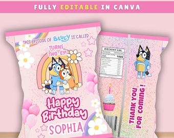 Etichetta per sacchetto di patatine per compleanno con cucciolo blu, decorazione per festa a tema cane blu in stile cartone animato modificabile, modello Canva per etichetta sacchetto di patatine
