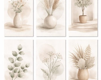 Conjunto de arte mural botánico neutro / Impresiones minimalistas de plantas (6 piezas) (Descarga digital)