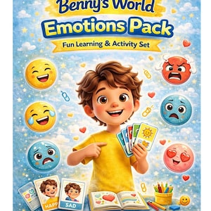 May include: An illustrated cover for "Benny's World Emotions Pack." A smiling boy in a yellow top holds emotion cards. The image features the text "Fun Learning & Activity Set" and "Explore feelings and learn about emotions!"