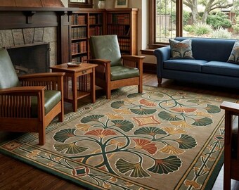 Nature Inspired Ginkgo Wool Rug, Hand Tufted Botanical Area Rug, Arts and Crafts Decor Rug, Premium Handmade Wool Carpetl
