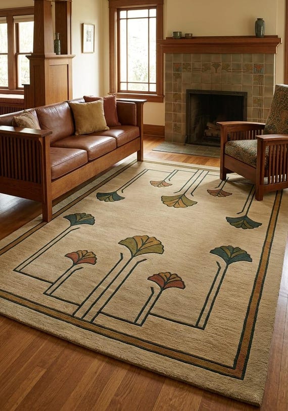 Prairie Style Floral Carpet | Handmade Arts and Crafts Wool Rug, Art Nouveau Floral Area Rug for Living Room, Bedroom & Vintage Home Decor