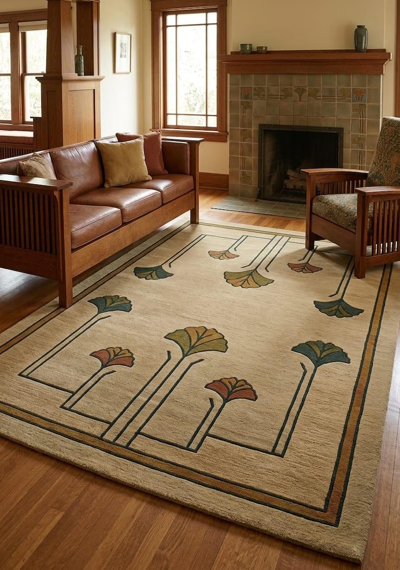 May include: A rectangular area rug with a beige background featuring a dark green linear border and stylized floral motifs in shades of teal, rust, and olive green. The design includes long, thin stems extending from the edges toward the center.