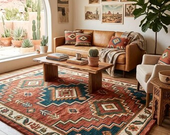 Handmade Southwestern Wool Rug, Tribal Tufted Area Rug, Terracotta Geometric Carpet for Living Room, Bedroom & Dining Area Floor