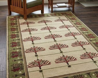 Vintage Botanical Knotted Rug, Tree Motif Area Rug, Green Ivory Traditional Carpet, Arts and Crafts Home Rug, Cottage Craftsman Decor