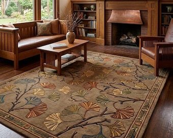 Mission Style Ginkgo Rug, Botanical Hand Tufted Wool Area Rug, Arts and Crafts Carpet, Nature Inspired Home Decor