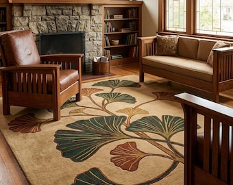 Green Ginkgo Leaf Rug, Arts and Crafts Tufted Wool Carpet, Vintage Inspired Ginkgo Rug, Natural Botanical Wool Carpet