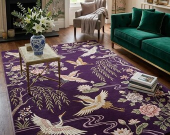 Purple Crane Rug, Japanese Floral Wool Rug, Chinoiserie Hand Tufted Rug, Oriental Birds Area Rug, Luxury Living Room Decor