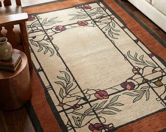 Craftsman Wool Area Rug, Hand Tufted Botanical Rug, Arts and Crafts Floral Carpet, Mission Decor Rug, Traditional Home Decor