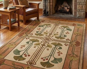 Arts and Crafts Ginkgo Leaf Rug, Hand Tufted Wool Area Rug, Botanical Mission Style Carpet, Craftsman Living Room Rug, Vintage Inspired rug