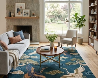 Japanese Crane Wool Rug, Teal Oriental Area Rug, Hand Tufted Nature Rug, Pine Tree Carpet, Asian Inspired Living Room Decor
