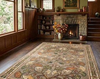 Vintage Garden Design Rug | Handmade Wool Botanical Area Rug, Arts and Crafts Area Carpet, for Living Room, Bedroom Area Floor Rug
