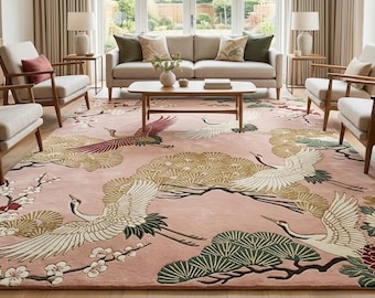 Pink Botanical Rug, Crane Bird Wool Carpet, Hand Tufted Area Rug, Chinoiserie Home Decor, Japanese Inspired Statement Rug