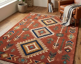Southwestern Geometric Wool Rug, Hand Knotted Tribal Carpet, Terracotta Boho Area Rug, Rustic Western Decor, Artisan Floor Rug
