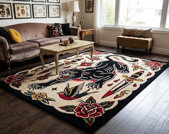 Hand Tufted Panther Rug | Traditional Tattoo Style Rug | Black Panther Area Rug, Vintage Flash Art Wool Carpet for Living Room, Bedroom Area