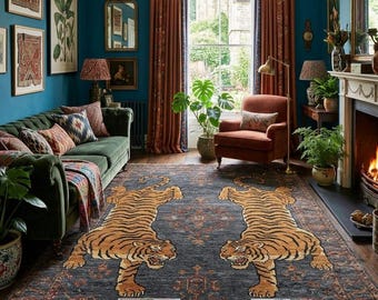 Hand Knotted Tiger Wool Rug, Vintage Animal Motif Area Rug, Handmade Luxury Carpet, Tiger Motif Handmade Rug, Hand Knotted Wool Area Rug,