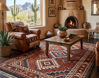 Southwestern Knotted Wool Rug, Tribal Geometric Area Rug, Boho Rustic Carpet, Handmade Western Rug, Desert Home Decor
