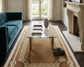Hand Tufted Wool Area Rug, Art Deco Greek Key Rug, Neoclassical Carpet, Luxury Beige Rug, Geometric Designer Home Decor