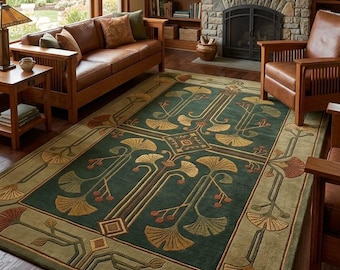 Craftsman Style Wool Rug, Ginkgo Leaf Botanical Carpet, Hand Tufted Area Rug, Arts and Crafts Vintage Home Decor Tufted Ginkgo Botanical Rug