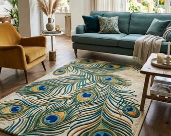 Blue Green Peacock Feather Rug, Premium Wool Hand Tufted Carpet, Botanical Statement Area Rug, Peacock Feather Botanical Carpet
