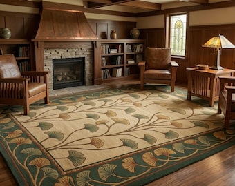 Luxury Ginkgo Leaf Rug, Premium Wool Hand Tufted Area Rug, Arts and Crafts Craftsman Carpet, Botanical Home Interior Decor